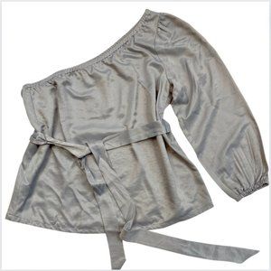 Ann Taylor One Shoulder Silver Gray Long Sleeve Tunic Blouse with Waist Tie, LP